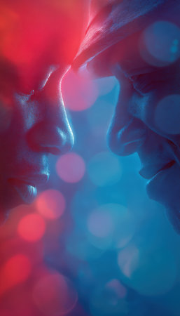 A close-up side profile of two veterans facing each other with soft smiles. The background features a blurred abstract red and blue glow, creating a respectful and serene atmosphere.の素材