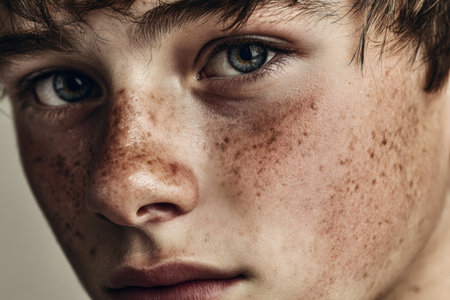 A close-up portrait of a teenage boy with textured skin and light blemishes. The side lighting creates soft shadows, highlighting his natural features with a clean matte finish.の素材