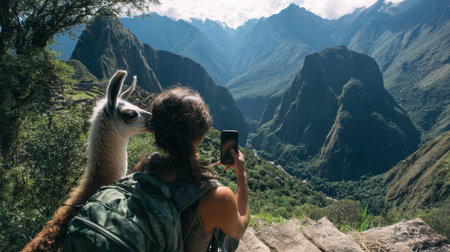 A tourist captures a selfie in a stunning mountain landscape, humorously unaware of a llama peeking over their shoulder. The scene blends spontaneity and comedy in nature.の素材