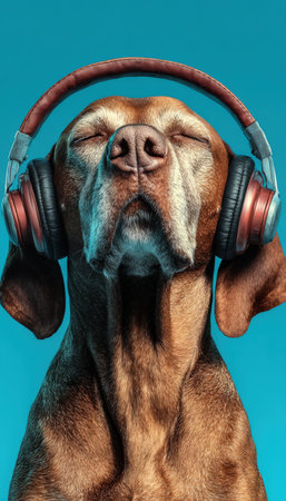 A dog with closed eyes wears headphones, appearing to enjoy music. Set against a solid blue background, this stylized image offers a modern and playful branding concept.の素材