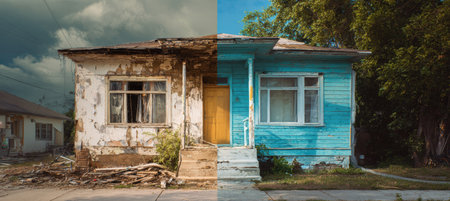 Striking renovation concept photo showing a house split in half: left side in disrepair, right side modernized with a vibrant blue design, highlighting transformation.の素材
