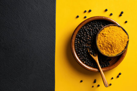 A vibrant display of turmeric and black pepper in a wooden bowl on contrasting black and yellow background. This modern setup highlights wellness and immunity concepts with studio lighting.の素材