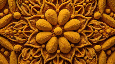 Creative mandala pattern made from turmeric powder, showcasing intricate symmetrical design. The rich, warm tones highlight the artistic food composition from an overhead view.の素材