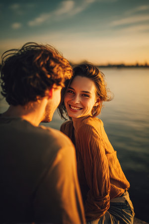 A couple enjoys a heartfelt moment by a lake during sunset, capturing authentic emotions and a romantic mood with cinematic color grading.の素材