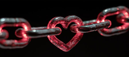 A close-up of a metal chain featuring a heart-shaped link glowing with red reflections. The artistic lighting highlights the industrial yet romantic symbolism against a dark background.の素材