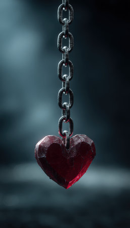 A dramatic image featuring a red heart link suspended in a steel chain, set against a dark, smoky backdrop. The strong lighting highlights the tension and symbolism of the scene.の素材