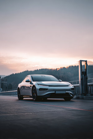 A sleek silver electric car charges at a post on an empty futuristic highway. Captured in soft dusk light, the scene exudes a peaceful, high-tech aesthetic with a cinematic feel.の素材