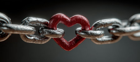 A metallic chain is joined by a heart-shaped link, highlighting the contrast between cold steel tones and a warm red hue. The focused composition emphasizes emotional symbolism.の素材
