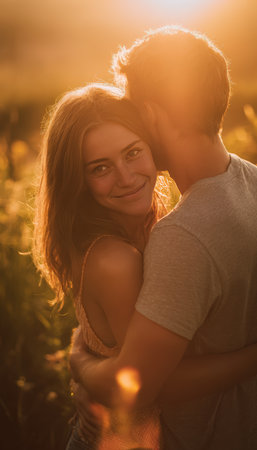 A couple shares a tender moment during a romantic sunset. The woman hugs the man from behind, both smiling naturally. The scene is bathed in golden tones with a cinematic lens flare.の素材