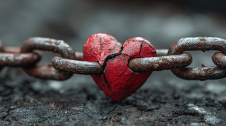 A close-up of a red heart integrated into a rusted steel chain, highlighting the contrast between emotion and strength. The moody background enhances the symbolic concept art.の素材