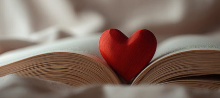 A red wooden heart rests between the curved pages of an open book. The soft-focus background and warm evening color palette create a minimalist and poetic aesthetic.の素材