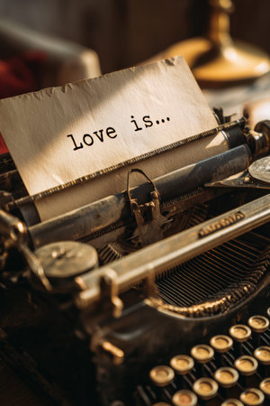 A nostalgic scene featuring an antique typewriter with a sheet of paper displaying "Love is..." bathed in soft golden light, creating an emotional and vintage writing atmosphere.の素材