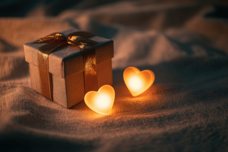 High-end romantic photography featuring a gift box with a ribbon and glowing heart shapes. The minimal composition and elegant cinematic lighting create a warm, intimate atmosphere.の素材