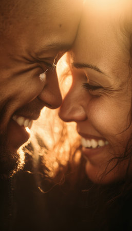A close-up portrait of a couple sharing a joyful moment, their smiles reflecting connection and warmth. The golden soft focus creates a cozy, intimate atmosphere.の素材