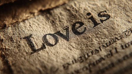 Close-up of ink letters spelling "Love isâ¦" on textured paper, showcasing an old literary aesthetic with a cinematic soft blur effect, emphasizing vintage charm.の素材