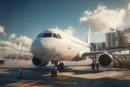 A sleek passenger airplane is parked at the gate with a jet bridge attached, captured on a clear sunny day. The image features realistic surface reflections and visible ground crew activity.の素材