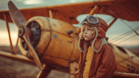 A nostalgic image of a young aviator in vintage attire standing beside an old wooden plane. The scene is set against a cinematic sunset, with retro color grading enhancing the mood.の素材