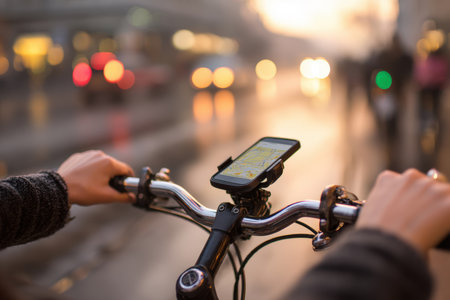 Close-up image of hands gripping bicycle handlebars with a smartphone mounted for navigation. The photo features a soft focus and a blurred urban background, highlighting city cycling.の素材
