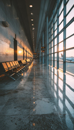 A tranquil airport corridor featuring large windows with natural daylight, empty seating, and polished floors. The minimalist design and high-resolution capture create a calming aesthetic.の素材
