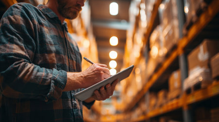 A logistics professional uses a stylus on a tablet to annotate shipment notes, standing beside organized shelves in a warmly lit warehouse. The image captures a realistic perspective.の素材