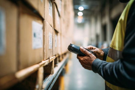 A worker uses a handheld scanner to check product codes on large cartons in a warehouse. The image captures dynamic body posture and ambient lighting, emphasizing the action.の素材