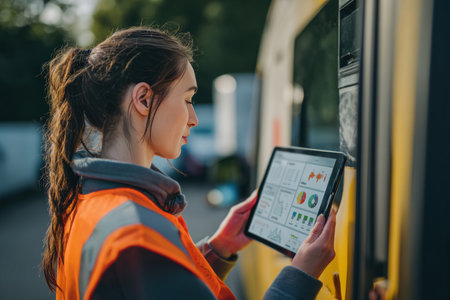 A female logistics operator interacts with a logistics dashboard on a digital tablet while standing in front of a delivery van. The setting is clean, with a natural pose.の素材