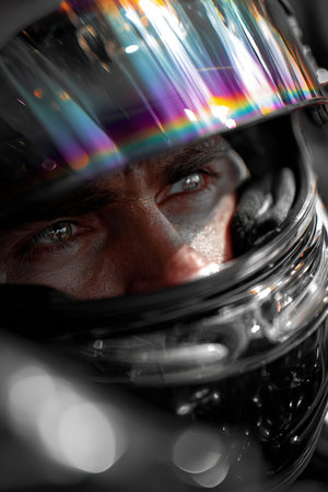 Close-up of a race car driver seated in the cockpit, helmet visor reflecting colorful light. The blurred crowd in the background adds dynamic energy to the high-detail vertical shot.の素材