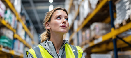 A woman in a high-visibility vest stands next to a digital display showing stock status, surrounded by organized shelves under soft warehouse lighting.の素材