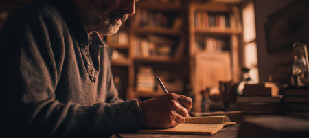 A middle-aged psychologist with light skin writes notes on a parchment-texture pad in a rustic office. The scene is illuminated by a soft morning glow, creating an introspective atmosphere.の素材