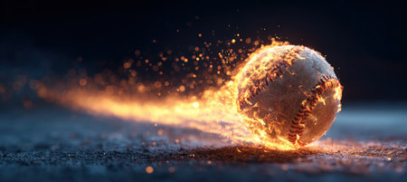 A dynamic image of a baseball engulfed in flames, leaving a molten trail with ember particles against a dark textured background, creating a surreal high-impact sports concept.の素材