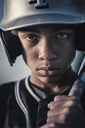 Vertical portrait of a young athlete with a silver helmet and dark jersey, holding a bat with intensity. The atmospheric outdoor lighting highlights the crisp details of the scene.の素材