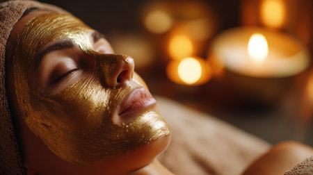 Close-up of a woman receiving a luxurious cream mask facial in a spa setting. The warm candlelight and golden tones create a serene atmosphere, emphasizing wellness and rejuvenation.の素材