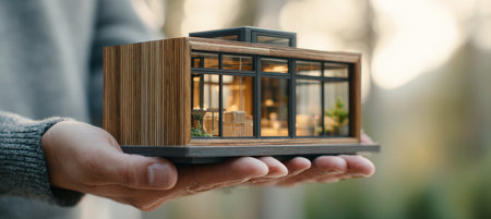 Hands gently cup a modern tiny house model featuring glass windows and wooden textures. Captured in daylight, the scene showcases a contemporary aesthetic with a cinematic tone.の素材