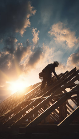 A construction worker skillfully assembles a wooden roof under a sunlit sky, symbolizing craftsmanship and effort. The image captures high-quality lighting and a sense of dedication.の素材