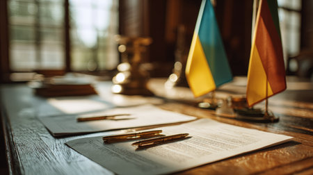 Ukraine and Lithuania desk flags stand beside documents and pens, ready for an agreement signing. Natural light fills the room, creating an official yet calm ambiance.の素材