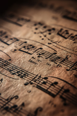 Close-up of handwritten musical notes on aged parchment, showcasing traditional composer concepts with rich vintage tones. The image highlights the texture and detail of the sheet.の素材