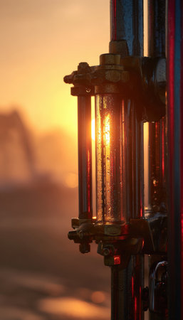 Vertical shot of a metal gauge reflecting the sunrise, bathed in a golden hour glow. A pumpjack is barely visible in the warm, cinematic haze of the field ambiance.の素材