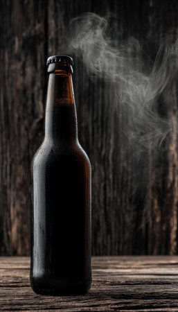 Elegant still life featuring a dark beer bottle with subtle steam against a rustic wooden background. The minimalist composition highlights the texture and atmosphere, creating visual storytelling.の素材