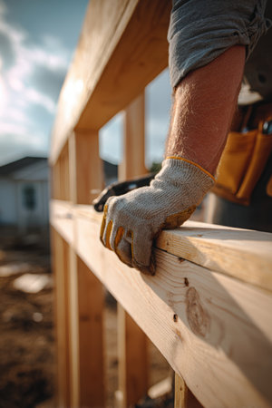 A skilled builder secures a joint on a wooden frame, showcasing professional craftsmanship. The image captures a strong perspective composition with warm natural lighting.の素材