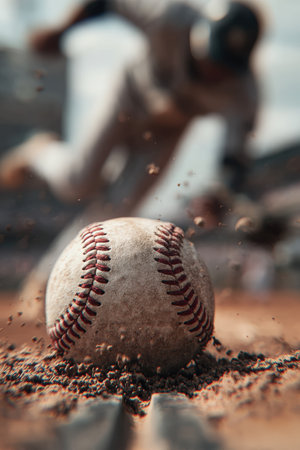 Macro shot capturing the sharp detail of baseball stitches with a fielder blurred in mid-dive. The ultra-shallow depth of field adds dramatic tension to the scene.の素材
