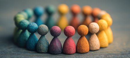 Artistic top-down macro shot of rainbow-colored pawns forming a circular connection. This image symbolizes unity and diversity, captured with bright, clean lighting.の素材
