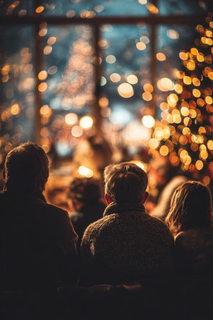 A family watches a whimsical animated Christmas film, surrounded by warm bokeh lights, creating a cozy and festive atmosphere. The scene captures the essence of holiday joy.の素材