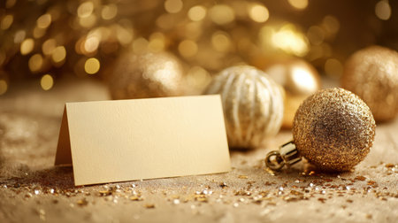 A festive holiday scene featuring a blank card ready for a message, surrounded by shimmering golden baubles and soft bokeh lights, creating a warm and inviting atmosphere.の素材