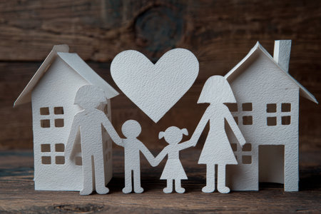 A paper cutout of a family holding hands with children, surrounded by symbolic paper houses and a heart. The scene conveys themes of teamwork, love, and family unity in natural tones.の素材