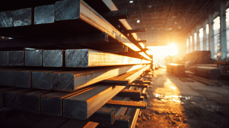 A cinematic view of stacked steel beams in a construction warehouse. Sunlight filters through gaps, highlighting the strong geometric shapes and industrial tone.の素材