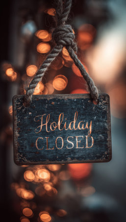 A portrait-oriented image of a "Holiday Closed" sign tied with rope, set against a backdrop of soft, sparkling lights. The scene exudes a cozy and intimate holiday atmosphere.の素材