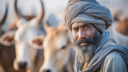 A dedicated Indian farmer, wearing a turban and cotton wrap, feeds his cows in a serene rural setting. Captured in soft pastel morning tones, this medium shot highlights a peaceful, hardworking atmospの素材