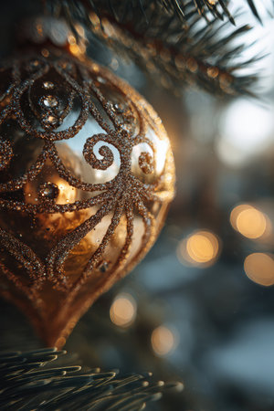 Close-up of a glittering ornament with intricate patterns, reflecting glowing light. Blurred pine greenery in the background adds a festive, serene atmosphere.の素材