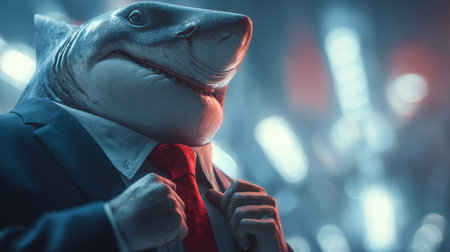 A surreal image of an anthropomorphic shark dressed as a CEO, adjusting a red tie in a modern office with glowing lights. The scene blends humor and cinematic style.の素材