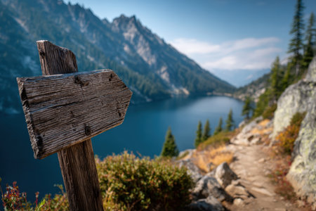 A rustic wooden arrow sign directs toward a picturesque trail with a deep-blue lake and rugged mountain peaks in the background, capturing the essence of cinematic nature.の素材